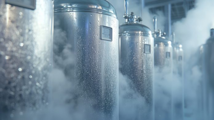 Row of Dewars Containing Liquid Nitrogen in Frosty Atmosphere